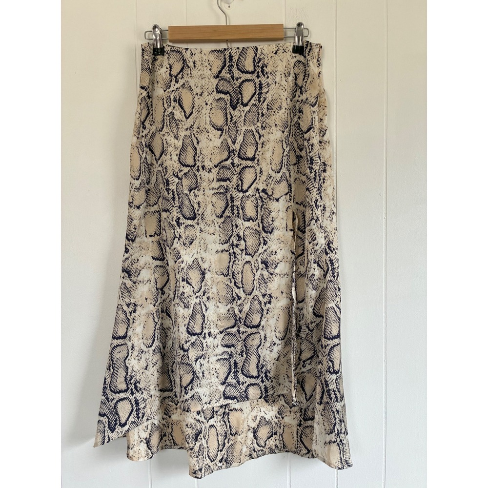 Glam Womens Snakeskin Print Midi Skirt Beige Tan High Waist Slit Size M
